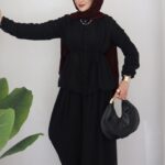 Pera Şifon Düğmeli İkili Takım - Siyah