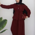 Pera Şifon Düğmeli İkili Takım - Bordo