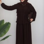 Pera Şifon Düğmeli İkili Takım - Kahverengi