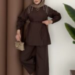 Swaroski Taşlı İkili Takım - Kahverengi