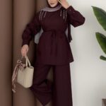 Swaroski Taşlı İkili Takım - Bordo