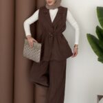 Marka Muadili Yelekli İkili Takım - Kahverengi