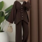 Düğmeli Modal İkili Takım - Kahverengi