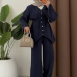 Düğmeli Modal İkili Takım - Lacivert