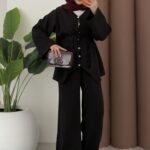 Düğmeli Modal İkili Takım - Siyah