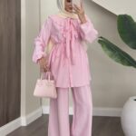 Yakası Fırfırlı İkili Takım - Pembe