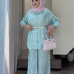 Talia Saten Desenli Tüylü İkili Takım - Turkuaz