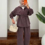 Fermuarlı Cepli İkili Takım - Mürdüm