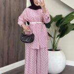 Puantiye  Düğmeli Tensel İkili Takım - Pembe