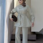 Liora Düğmeli Poplin İkili Takım - Yağyeşil